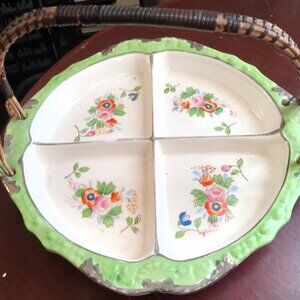 Vintage Japanese Bamboo Handled 4 Section Plate - Floral / Green - AS IS